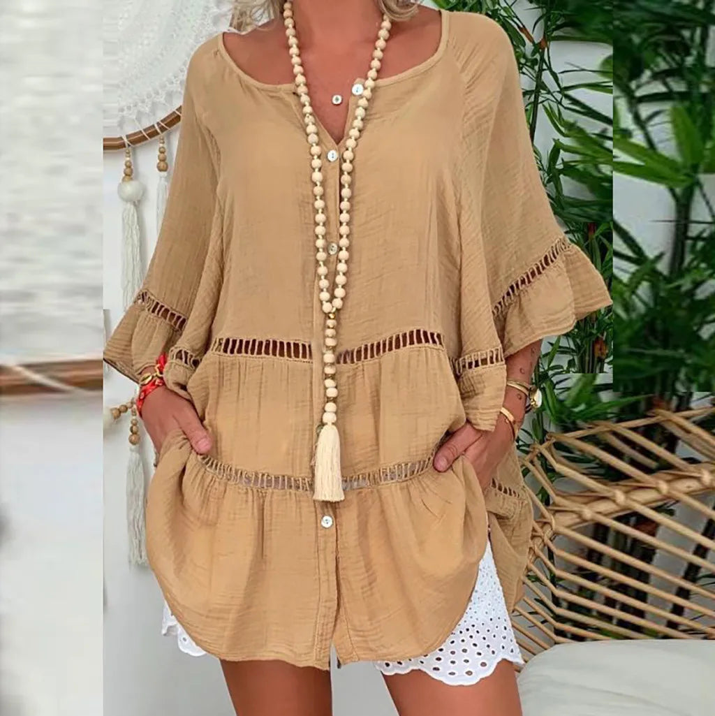 Bohemian Beach Style Single Breasted Dress 2025 New Women Flared Sleeves Cotton Linen V-neck Loose Button Hollow Top Retro Dress