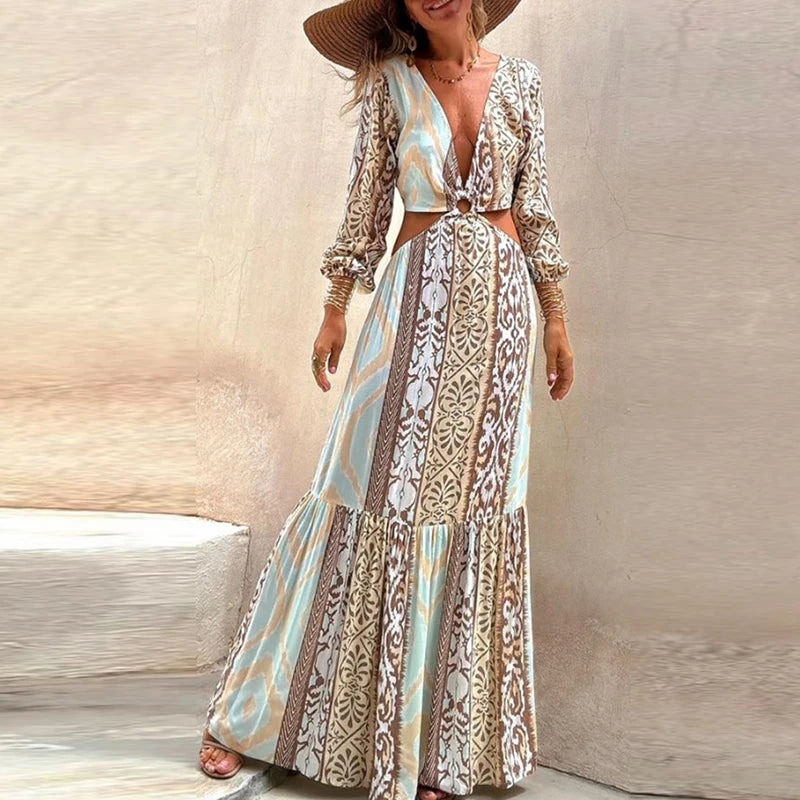 Women 2024 Waist Hollow Bohemian Dress Vintage Printed V-Neck Vacation Long Dress New Autumn Long Sleeve Backless A-line Dress