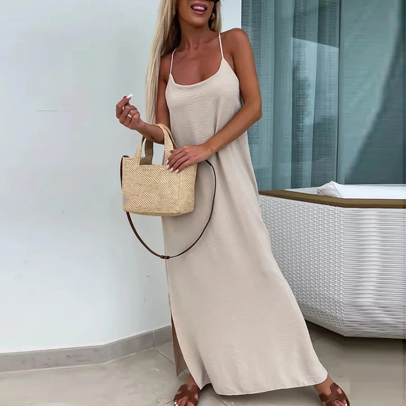 Summer Casual U-Neck Solid Long Dress Women Elegant Strap Split Vocation Dress 2024 Female Cross Backless Bohemian Beach Dress