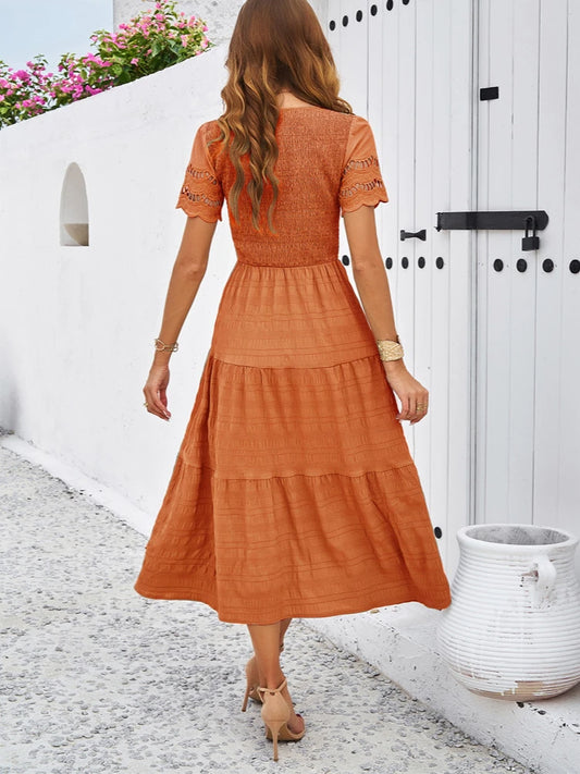 Hollow Out Vintage Elegant Dress Spring and Summer Temperament Solid Color Short-sleeved V-neck Dress Maxi Dresses for Women