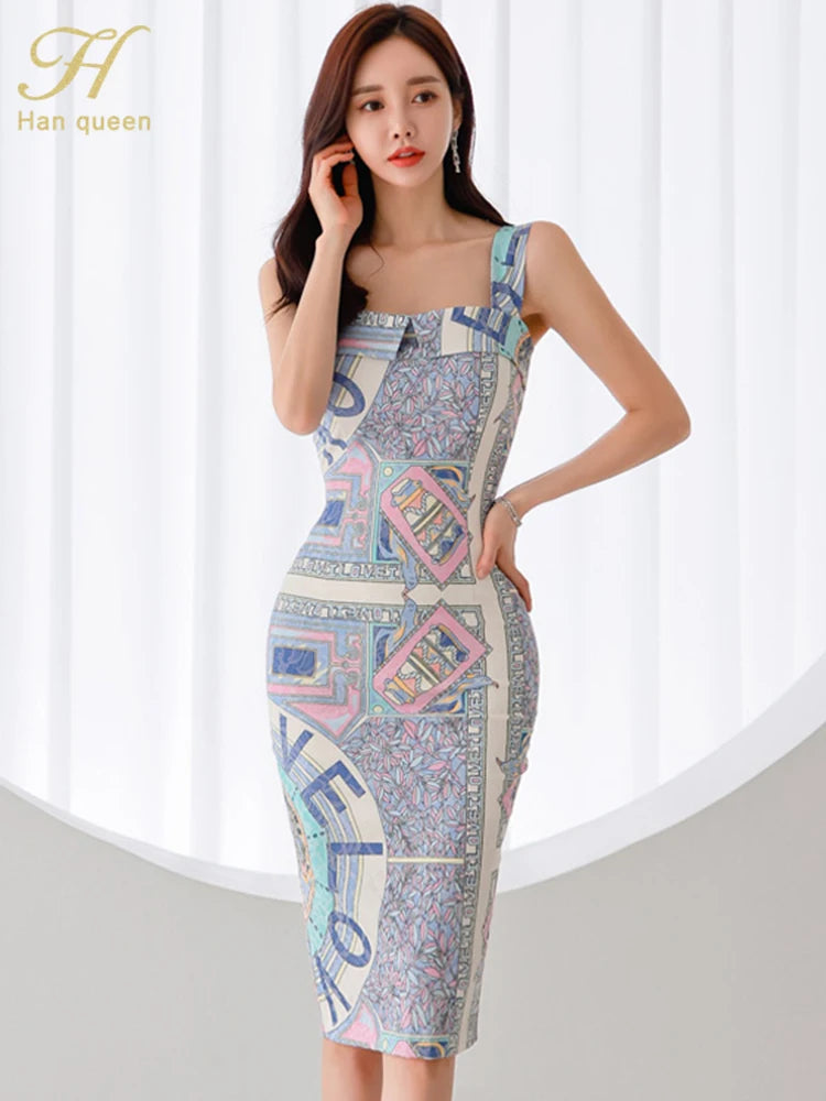 H Han Queen New Elegant Fashion Printing Summer Dresses Women Vintage Office Party Sheath Dress Mid-Calf Bodycon Vestidos