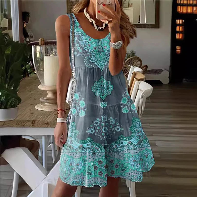 Bohemian Retro Sleeveless Tank Mini Dress 2024 Summer Loose Ruffle Vacation Dress Women O-neck Pattern Print A-line Short Dress