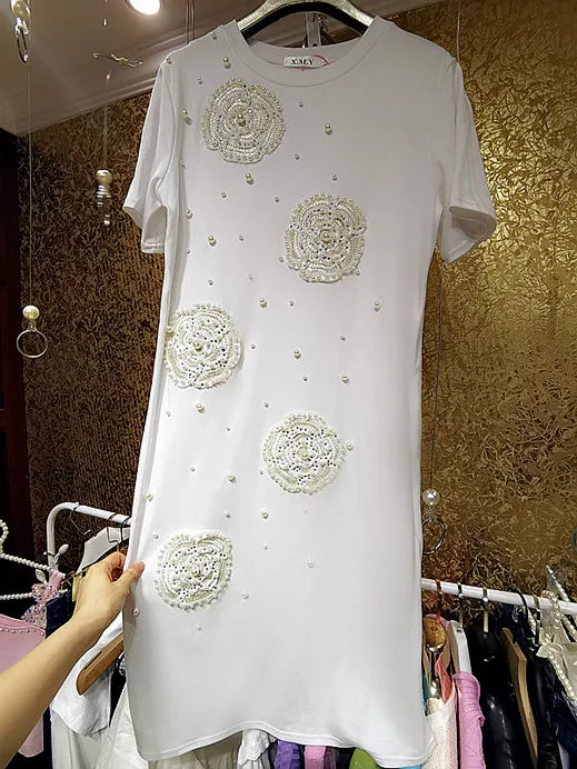 Fairy Pearls Diamonds Beaded Floral Long T-Shirts Dress Shining Rhinestones 3D Big Flowers Long Tees Dress Sequins Dress Vestido