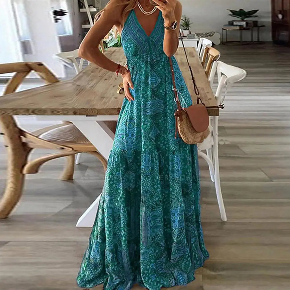 Stylish Boho Dress Loose Women  Women Dress Sleeveless Backless Deep V Neck Dress   for Vacation  Summer Dress