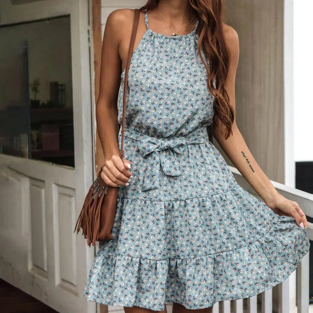 New Pastoral Style Summer Dress Sleeveless Women Dress High Waist Party Dress Halter Floral Print Short Length Dress vestidos