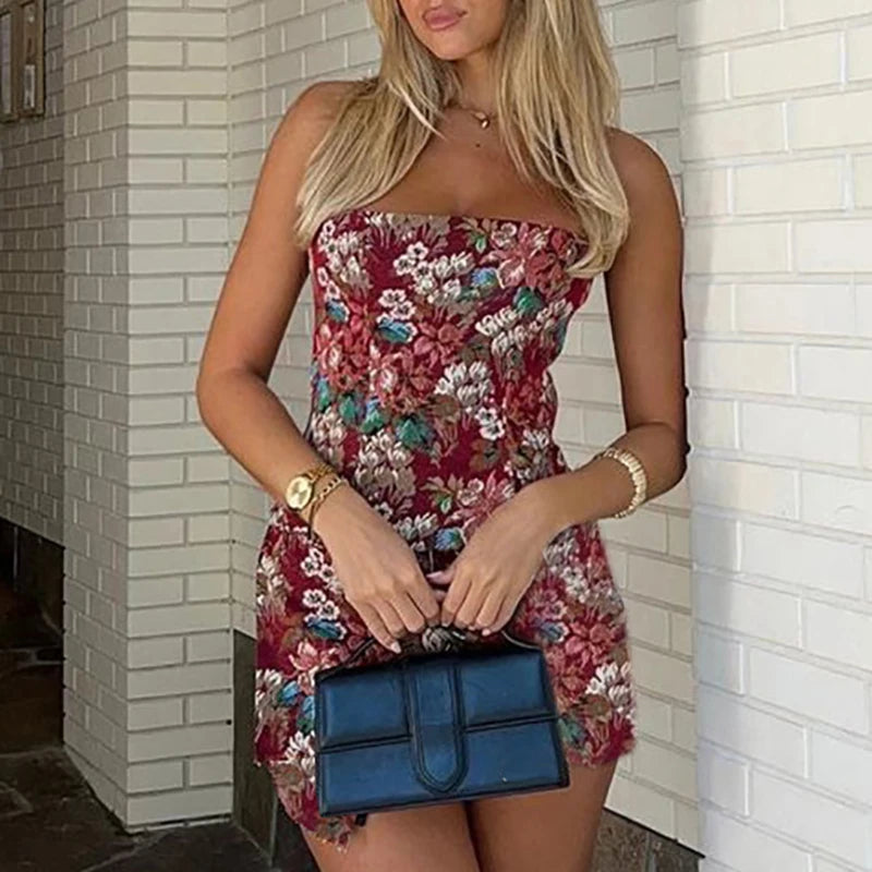 Vintage Floral Print Slim Short Dress Spring Summer High Waist Women's Bohemian Dress Fashion Strapless Button Beach Mini Dress