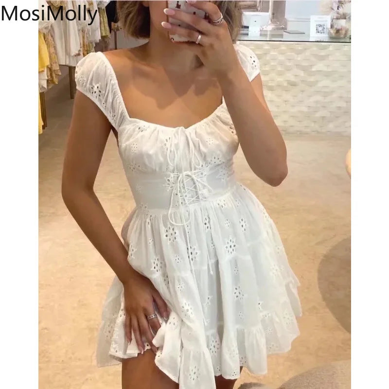 MosiMolly 2022 White Cotton Embroidery Dress Women Lace Crochet Dress Cotton Skater Dress Summer Day Dress Female Vestidos