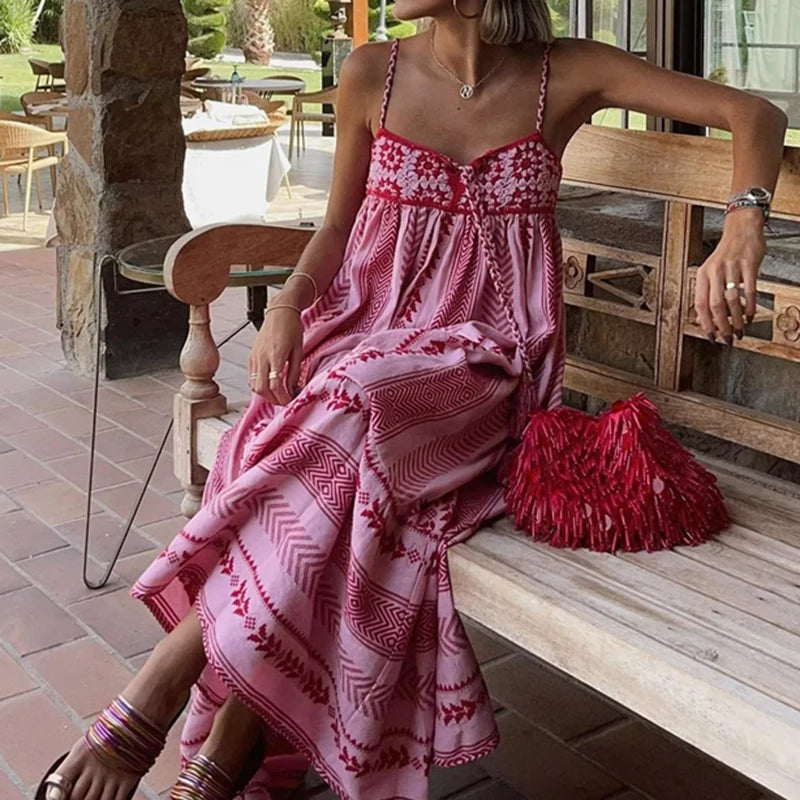 Indie Geometric Print Flowy Maxi Dress Boho Beach Style Crochet Tassels A-Line Party Dress Women Vacation Vintage Streetwear