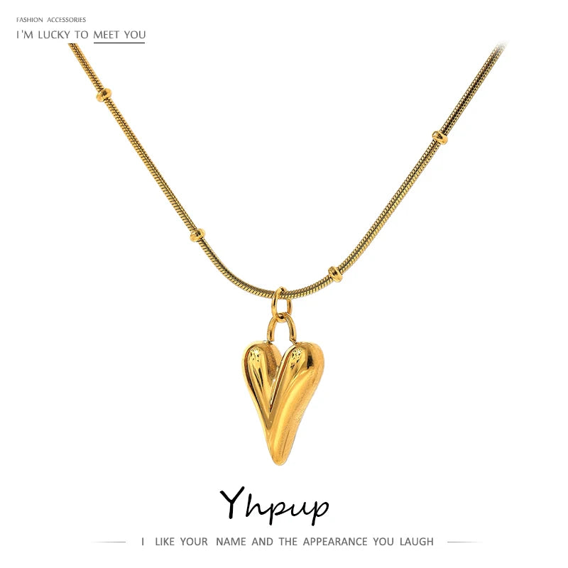 Yhpup Temperament Heart Pendant Chain Necklace for Women Stainless Steel Stylish Choker 18 K Jewelry Waterproof Party Gift