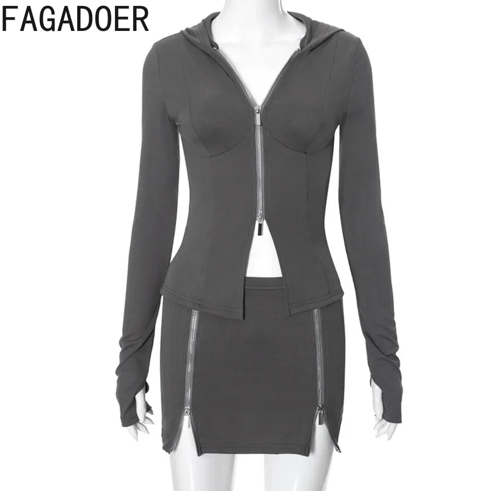 FAGADOER Fashion Ribber Hooded Two Piece Sets For Women Zipper Long Sleeve Slim Top And Mini Skirts Outfits Female Streetwear