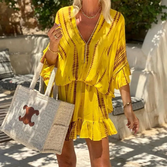 Summer Women's Fashion Bat Sleeve Bohemian Short Printed Dress Yellow Beach Style V-neck Loose Casual Mini Dress Elegant Vestido