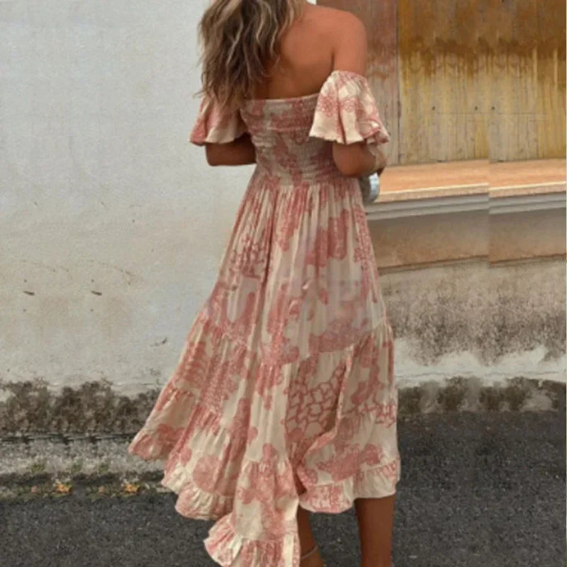 Lady Summer Chic One Shoulder Swing Bohemian Dress Women Graphic Party Dress 2024 Elegant Short Flare Sleeved Club A-line Dress