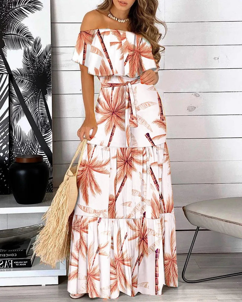 Women's Summer Ruffled Strapless Print Maxi Dress