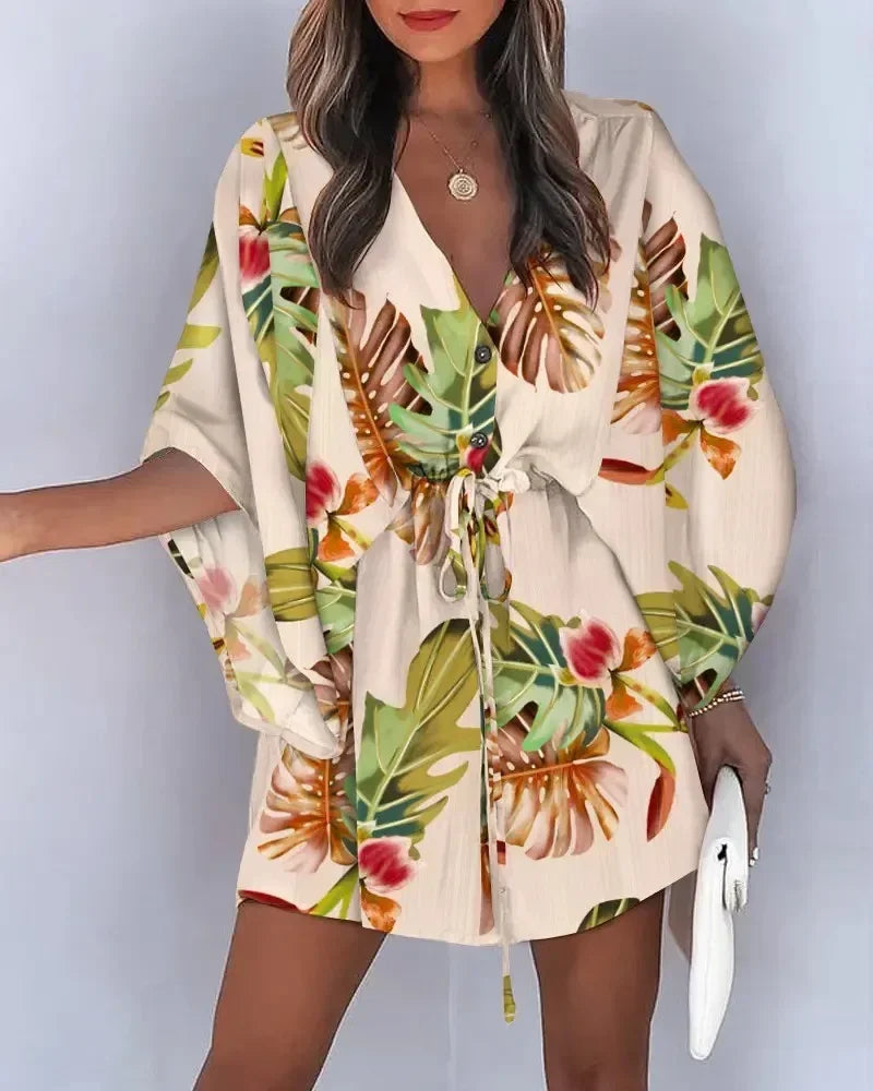 Women Summer Clothing Flying Sleeves V-neck Lace Up Floral Printed Beachwear Waisted Button Up Loose Geometric Dresses 3xl