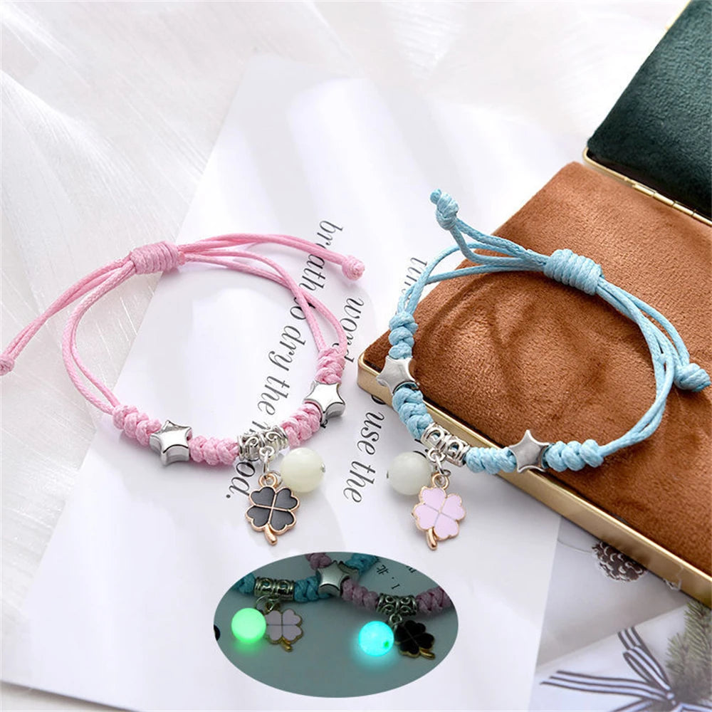 2pcs Luminous Cat Star Moon Cross Charms Bracelet Set Couple Adjustable Woven Rope Friendship Bracelet For Women Men Summer Gift