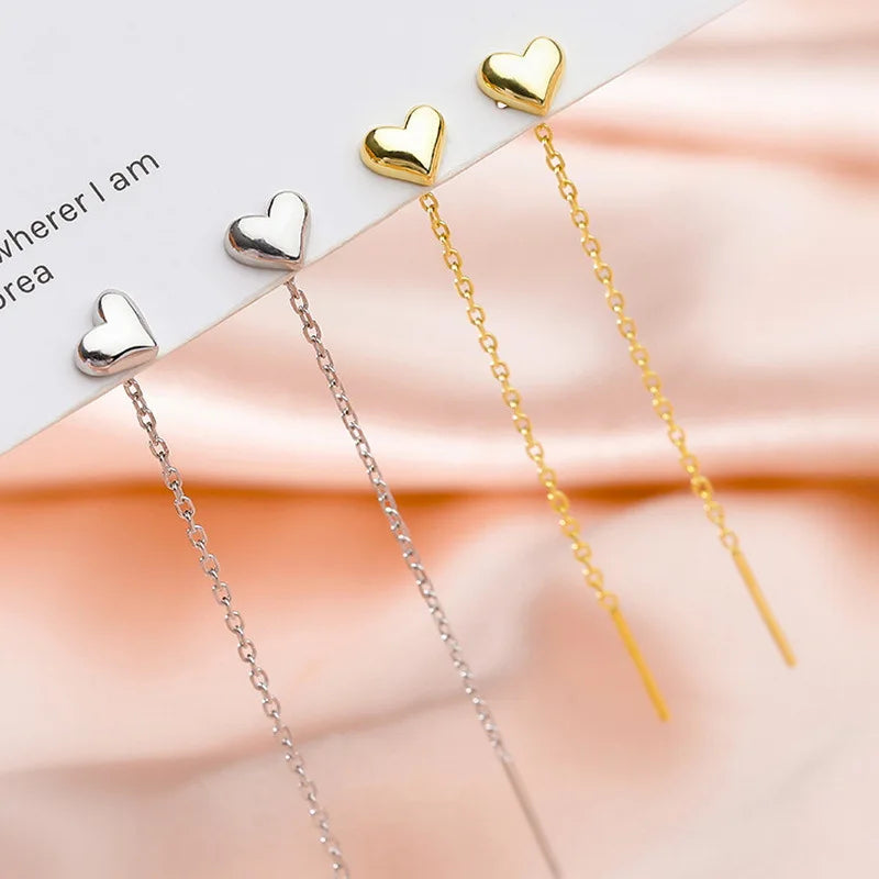 Gold Color Heart Ear Line for Women Temperament Long Tassel Earrings Silver Color Links Girls Korean Fashion Metal Earrings