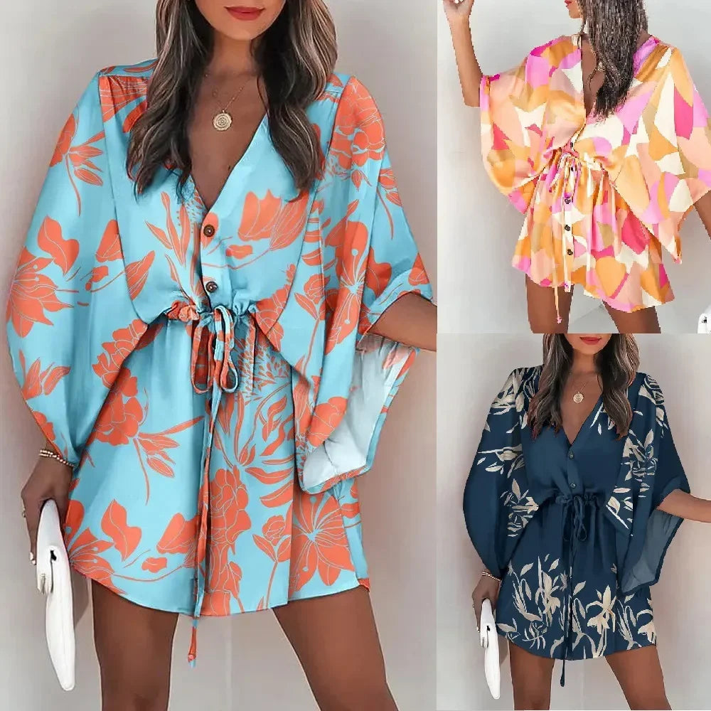 Women Summer Clothing Flying Sleeves V-neck Lace Up Floral Printed Beachwear Waisted Button Up Loose Geometric Dresses 3xl