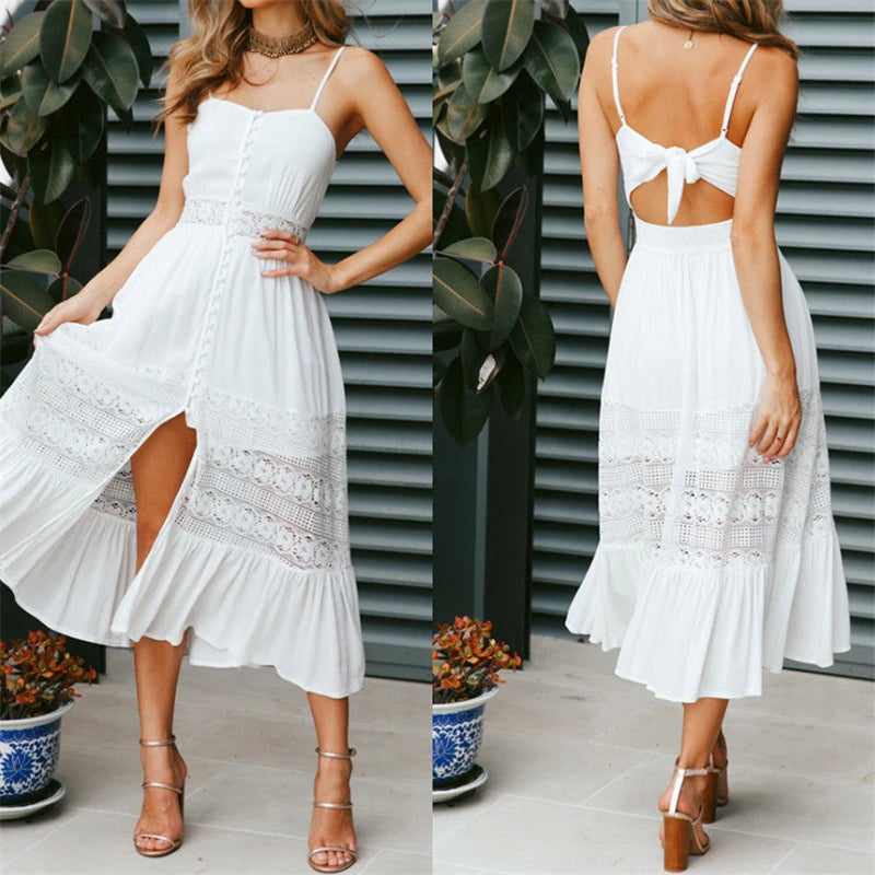 Womens Holiday Strappy Button Lace Ladies Summer Beach Midi Swing Sun Dress