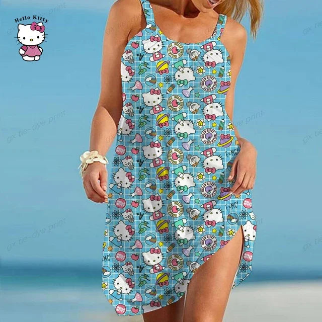 Hello Kitty Printed Vestidos Women Short Sleeves O Neck Midi Dresses A Line Bohemian Summer White Elegant Beach Dress