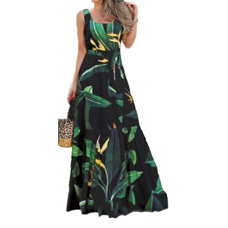 2024 Women's Summer Sleeveless Print Long Dresses Bohemian Slim Lace Up Big Hem Pleated Dress Vintage Vacation Maxi Dress Femme