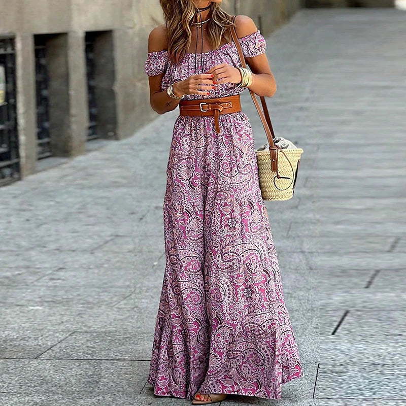 Fashion Off Shoulder High Waist Bohemian Dress 2024 New Casual Pattern Print Women Dress Retro Short Sleeved Pleated Robe Dress