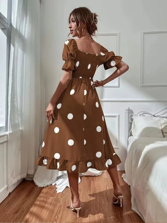 Bohemian Mid-Calf Dress Fashion Polka Dot Print Short Sleeve Dresses Summer Women Square Collar Beach Dress 2024 Spring New