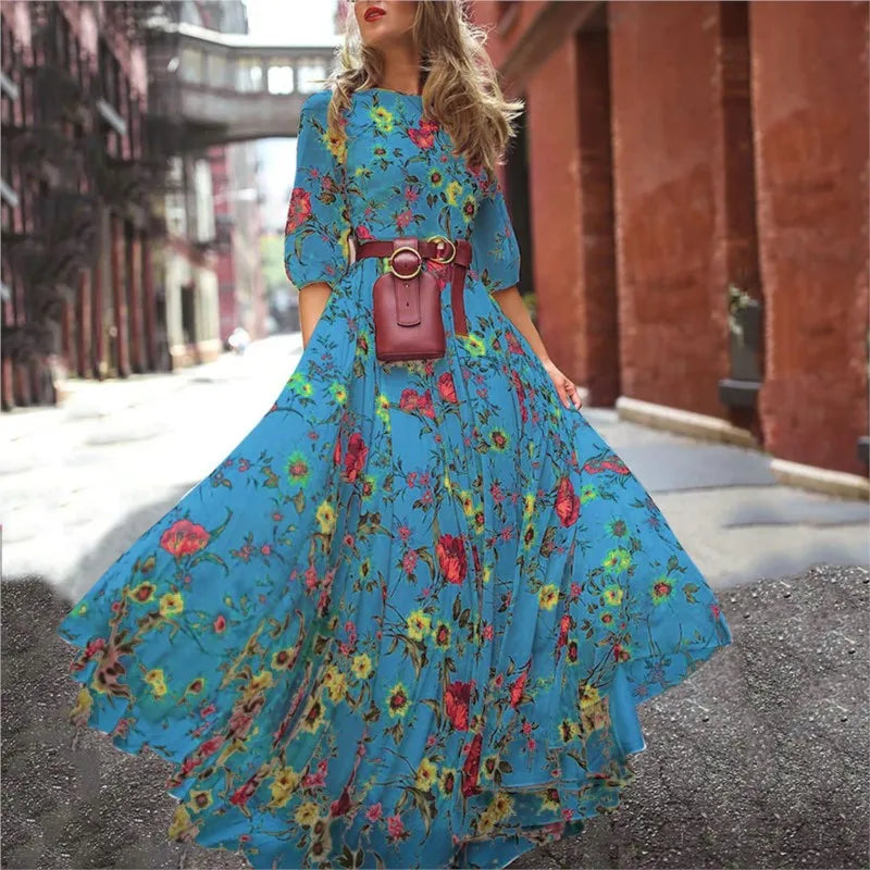 Spring Summer Vintage Floral Printed Maxi Dress Fashion Office Lady Fashion Elegant Long Sleeve O-neck Elegant Dresss For Women