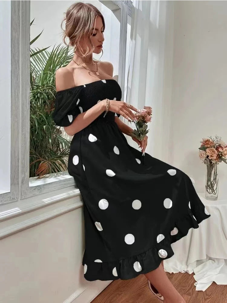 Bohemian Mid-Calf Dress Fashion Polka Dot Print Short Sleeve Dresses Summer Women Square Collar Beach Dress 2024 Spring New