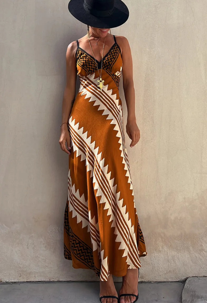 Bohemian Print Sleeveless Beach Dress, Casual Suspender Dress, Maxi Dress