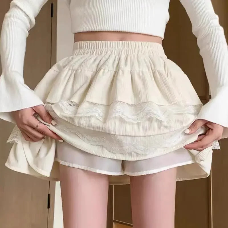 Cute Lace Mini Skirt for Women Spring Summer High-waisted A-line Pleated Elastic Waist Cake Skirt Sweet Style Clothing