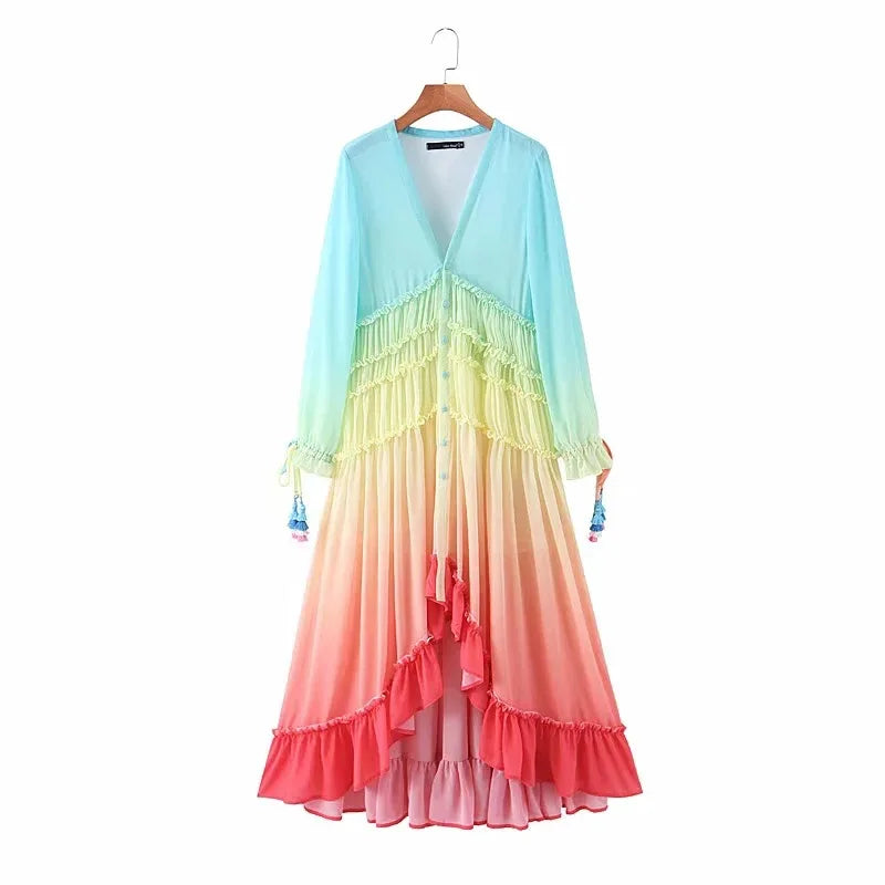 Women's Summer Bohemian Dress Printing Gradient Elegant Dress Patchwork Rainbow Color Party Dress Ruffles Sweet Vestidos