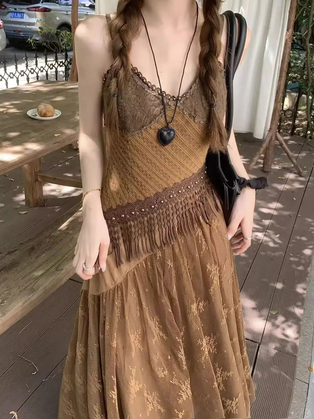 High Quality Dress Boho Tassel Ethnic Style Irregular Spaghettic Strap Fairy Hippie Women Mesh Stitching Spice Beach Slim Dress