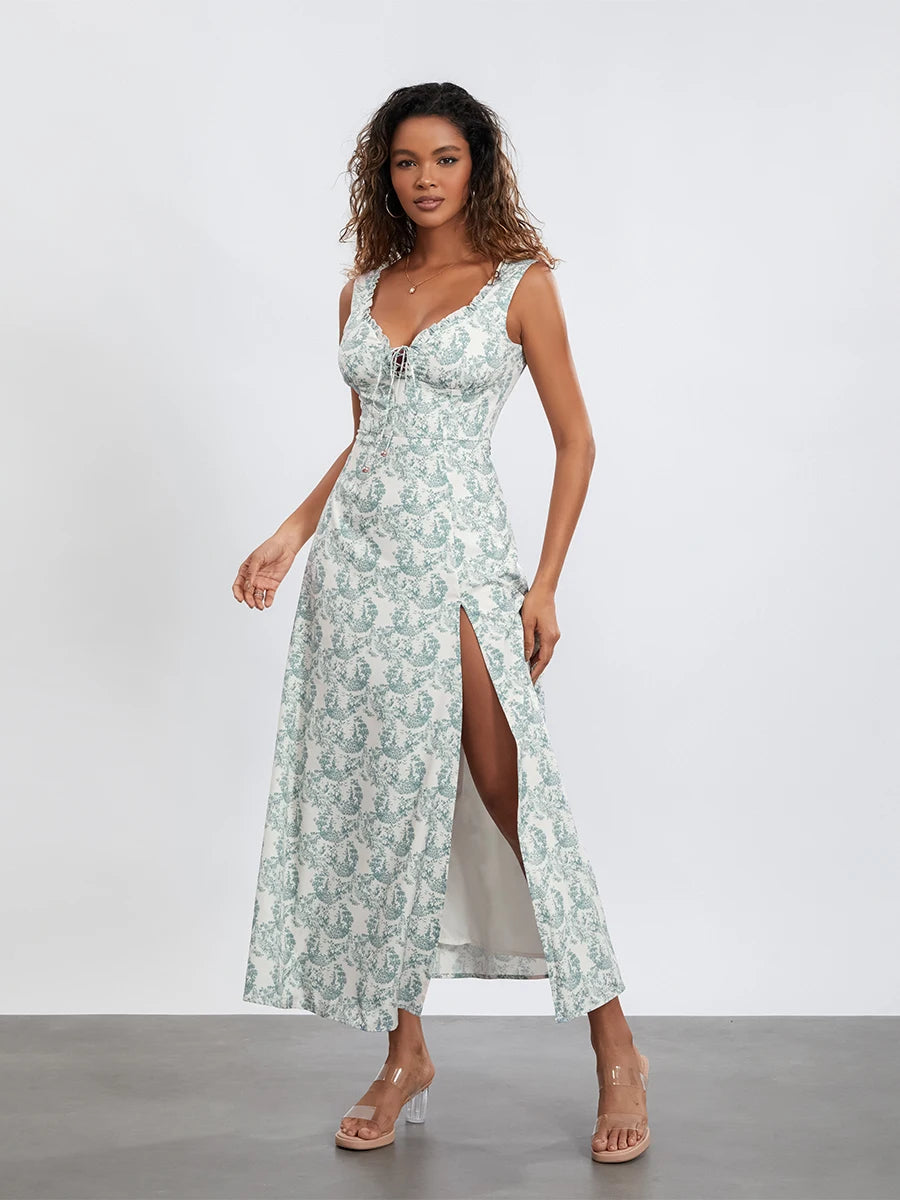 wsevypo Bohemian Floral Print Tank Dress Summer Women's Sleeveless Ruffled Tie-up Sweetheart Neck Long Dress for Party Beach