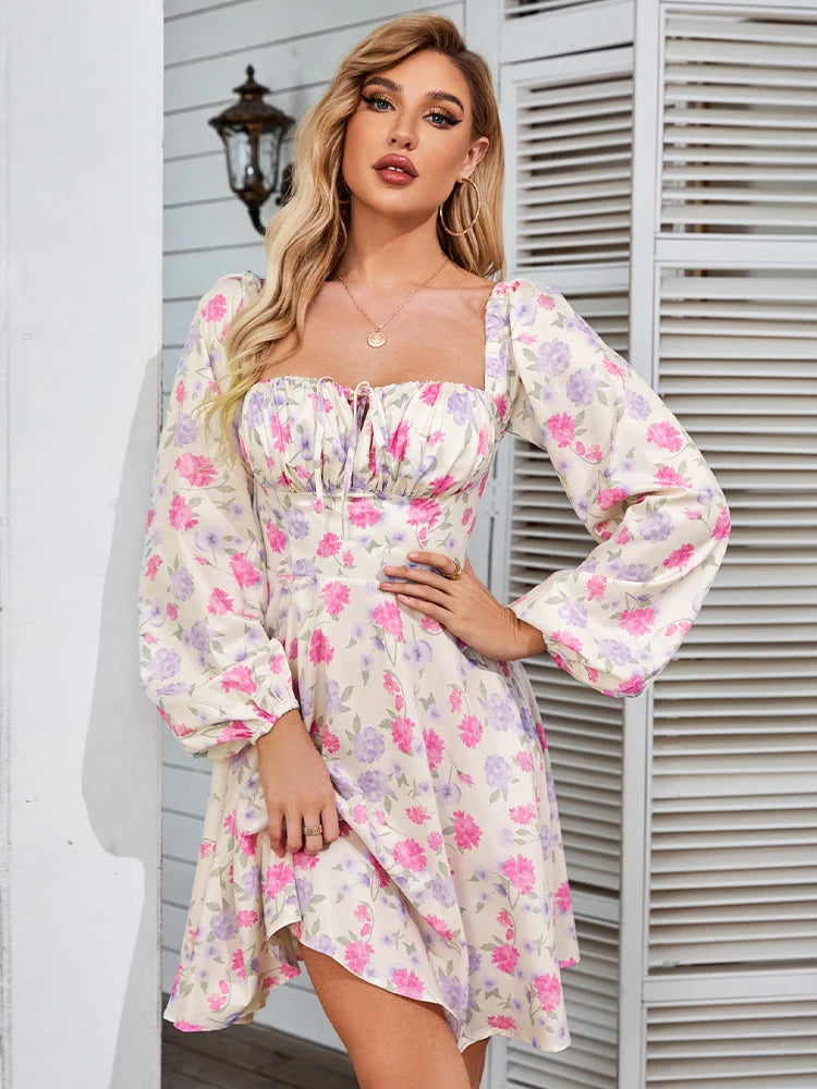 HTZMO  Pink Floral Dress Women Summer Mini Vestidos Lantern Long Sleeve Backless Zipper A-Line Robe Beach Casual Dresses 2021