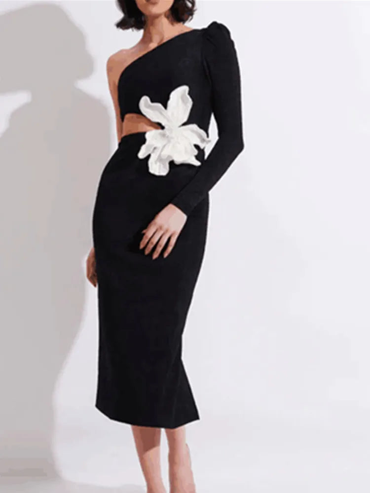 Luxury Designer Women Party Dress Black Single Long Sleeve Cut Out White Pearl Embroidery Flower Knee Length Evening Gowns