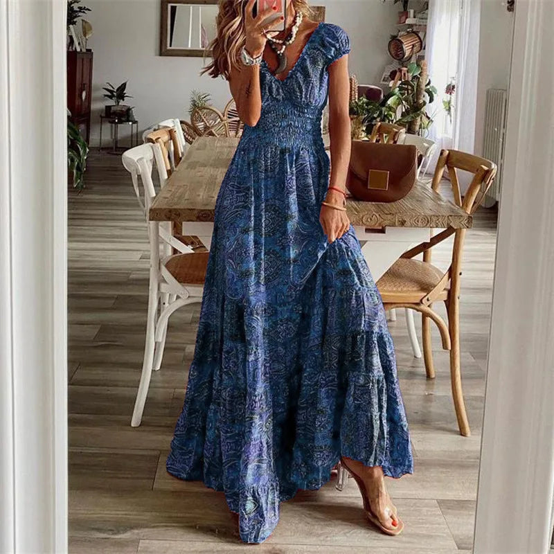 2024 Summer Fashion New Boho Printed Dress Ladies Elegant Deep V Neck Elastic Waist Oversize Hem Long Skirt Resort Style Dress