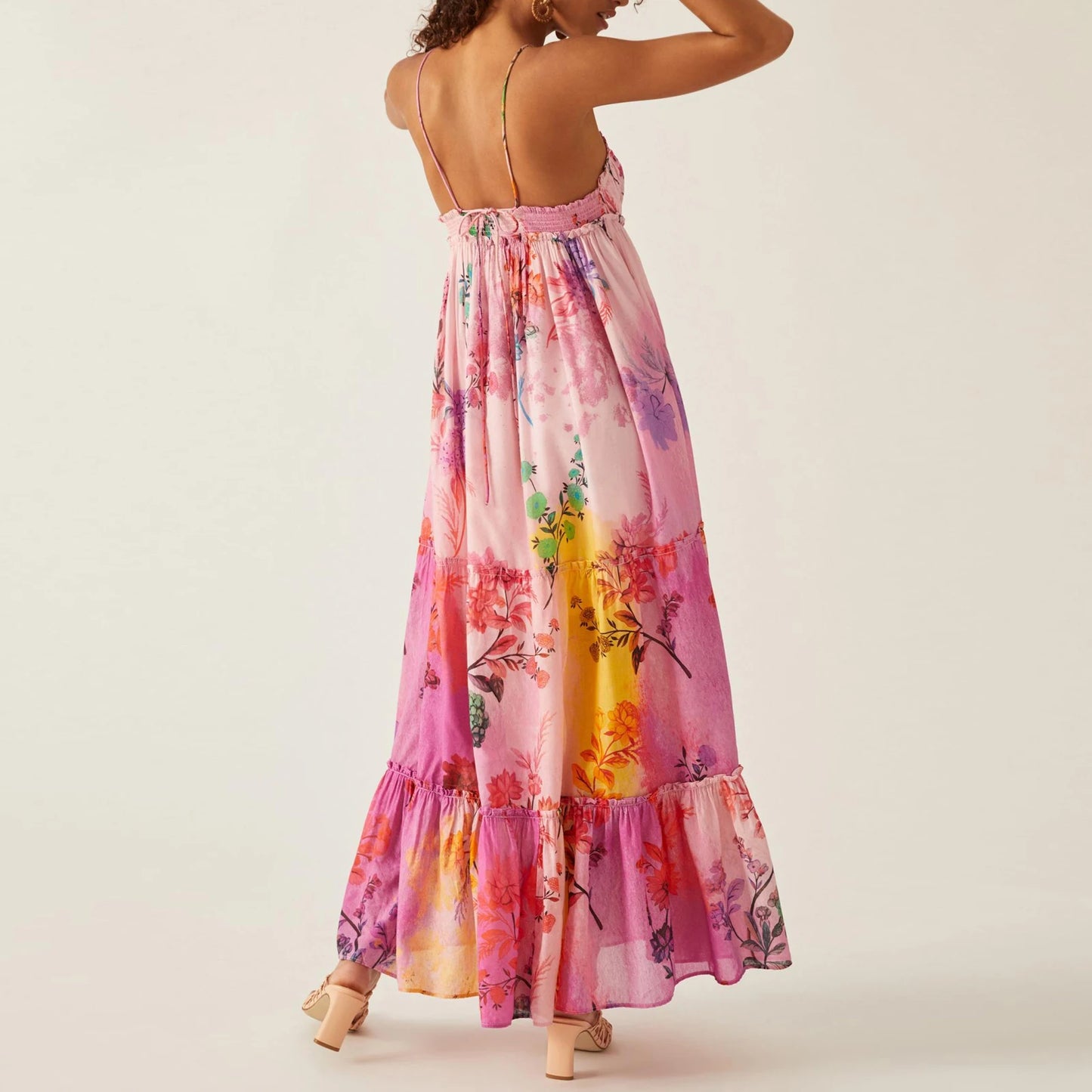 Women Bohemian Slip Dress Spaghetti Straps V-neck Backless Flower Print Swing Dress Summer Casual Long Dress