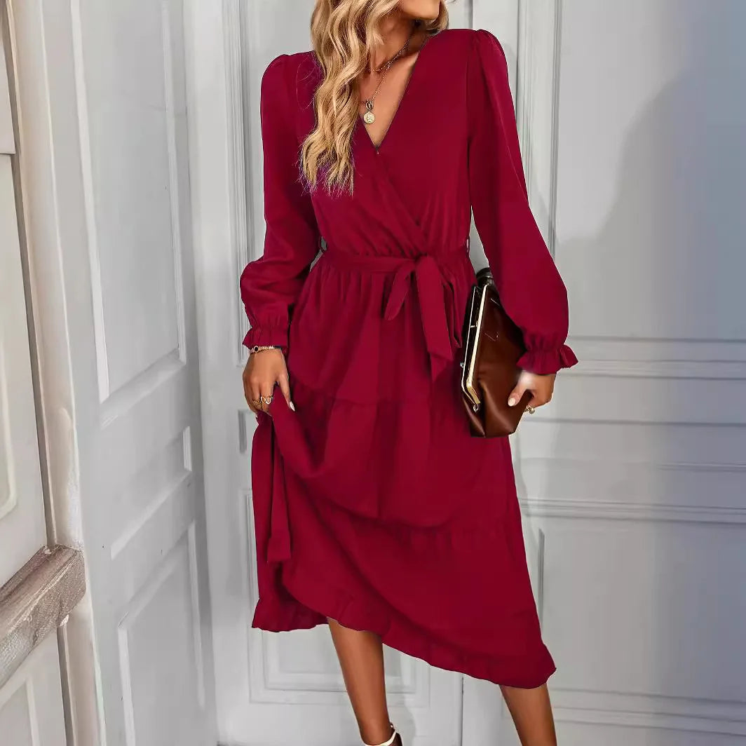 Elegant Women Pink Autumn Long Dresses V Neck Long Sleeve Ruffles Hem Lace Up Wine Red Party Evening Maxi Dress Vestidos Robes