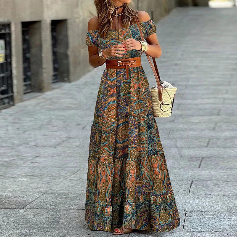 Fashion Off Shoulder High Waist Bohemian Dress 2024 New Casual Pattern Print Women Dress Retro Short Sleeved Pleated Robe Dress