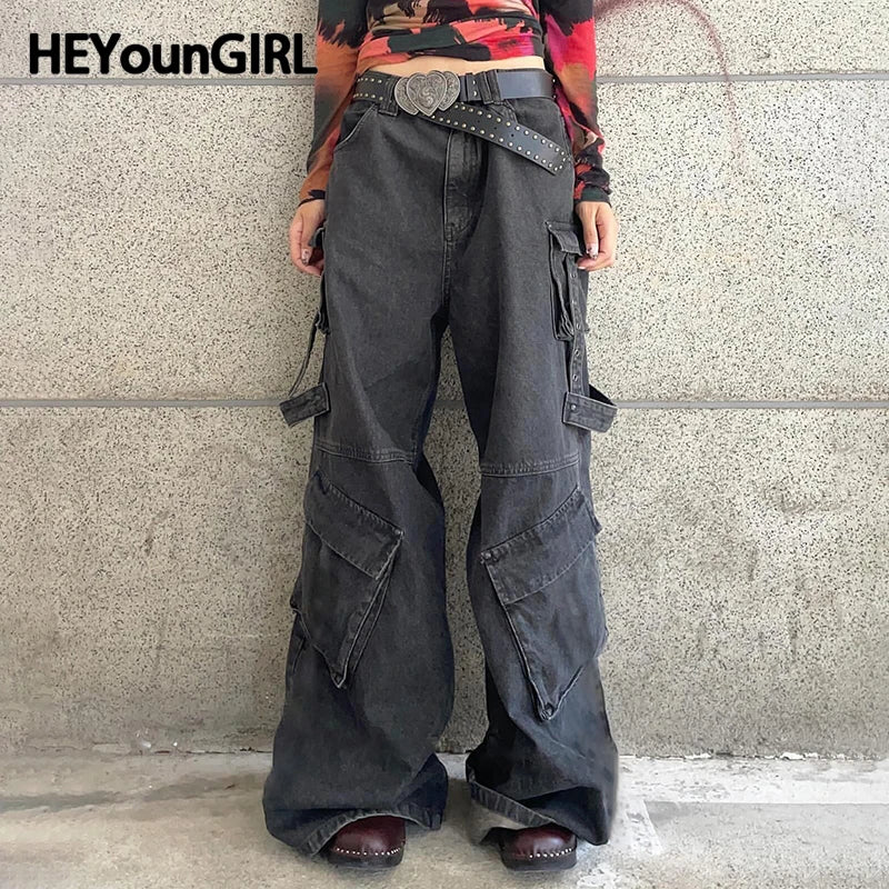 HEYounGIRL Gothic Fashion Women Cargo Jeans Grunge Loose Fit Pocket Denim Pants Harajuku Y2K Boyfriend Style Wide Leg Trousers