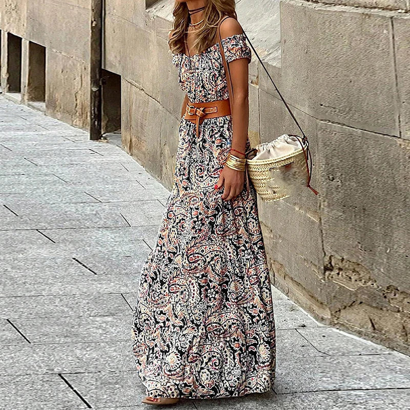 Fashion Off Shoulder High Waist Bohemian Dress 2024 New Casual Pattern Print Women Dress Retro Short Sleeved Pleated Robe Dress