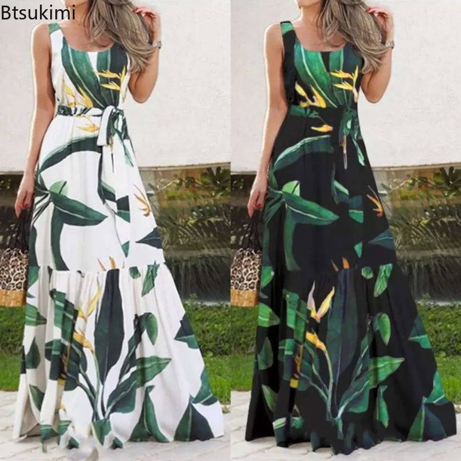 2024 Women's Summer Sleeveless Print Long Dresses Bohemian Slim Lace Up Big Hem Pleated Dress Vintage Vacation Maxi Dress Femme