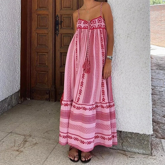 Indie Geometric Print Flowy Maxi Dress Boho Beach Style Crochet Tassels A-Line Party Dress Women Vacation Vintage Streetwear