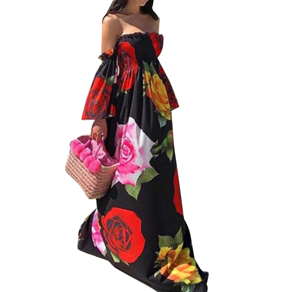 Hot Holiday Boho Women Off Shoulder Backless Flare Sleeve Floral Print Maxi Dress party Out of the ordinary Dress платье