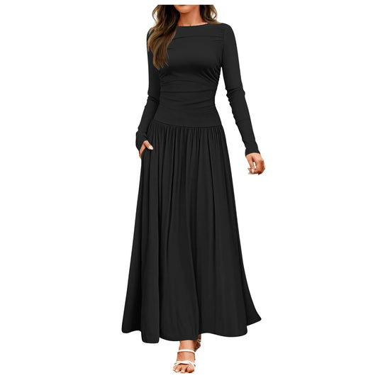 Solid Patchwork Folds Slimming Dresses For Women Round Neck Long Sleeve High Waist Minimalist Temperament Dress Female