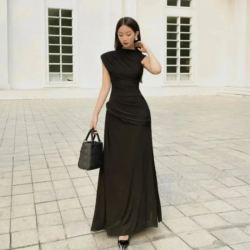 Irregular Pleat Slim Maxi Dress Women White Solid Elegant O Neck Short Sleeve Long Robe Fashion Summer New Lady Vacation Dresses