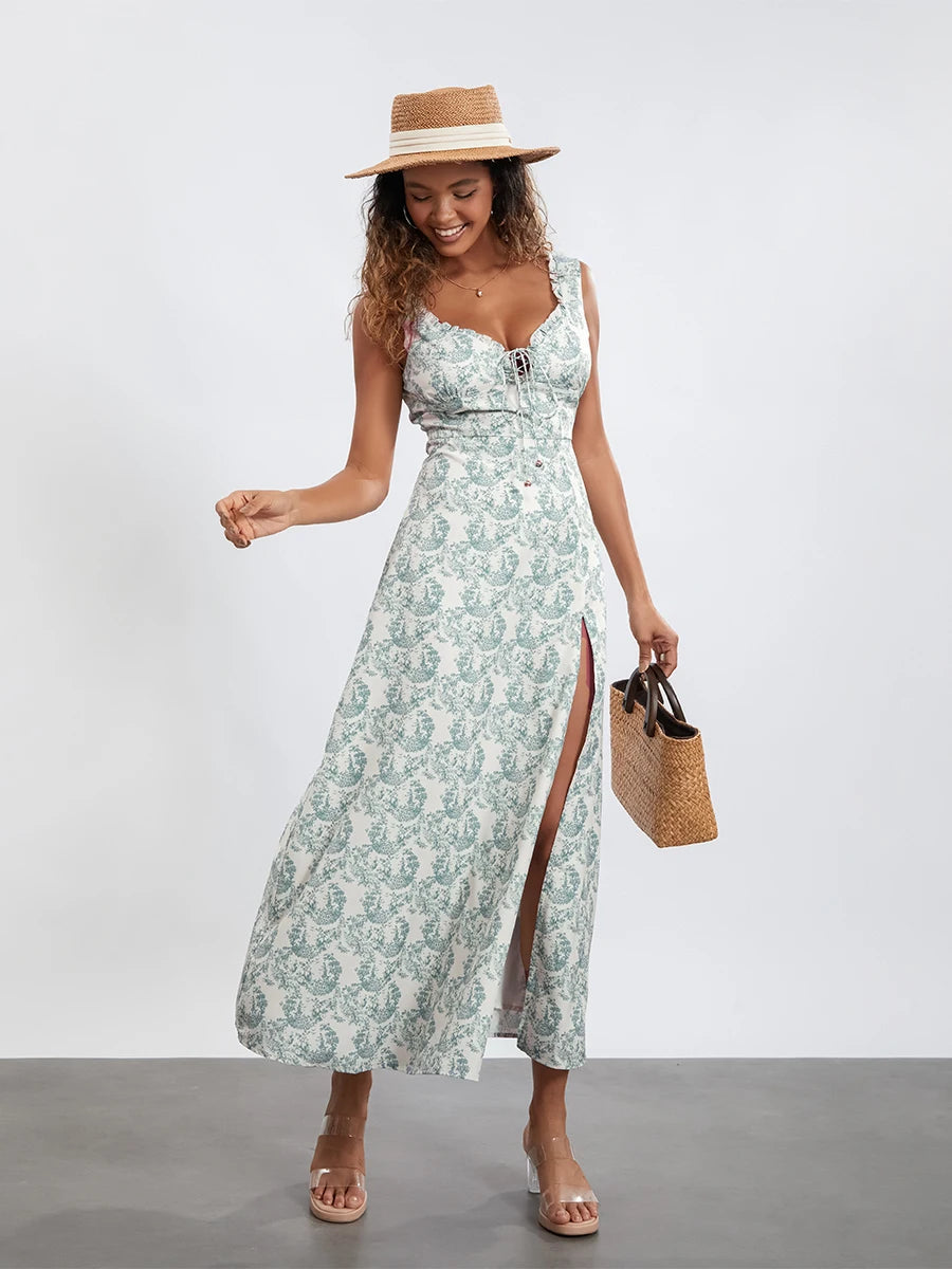 wsevypo Bohemian Floral Print Tank Dress Summer Women's Sleeveless Ruffled Tie-up Sweetheart Neck Long Dress for Party Beach