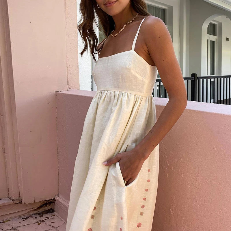 Female Print Patchwork High Waist Cotton Linen Dress Summer Slash Neck Sling Party Dress Elegant Holiday Beach A-line Long Dress