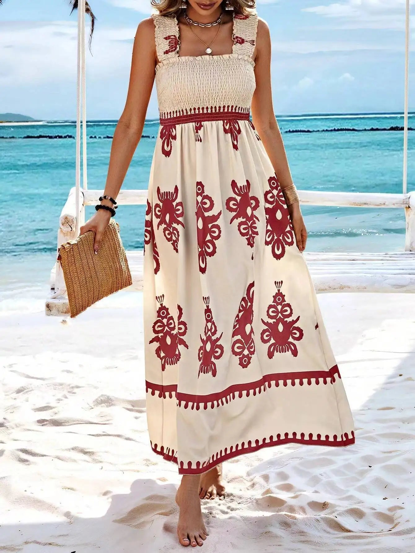 Bohemian Long Dress Summer Loose Holiday Dress Women Casual Sleeveless A-Line Party Long Dress Boho Casual Midi Dress Vestidos