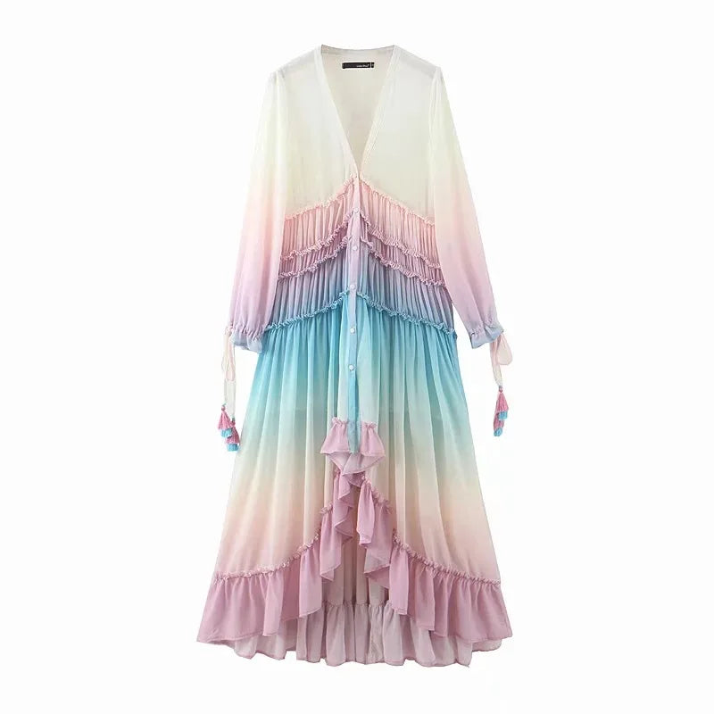 Women's Summer Bohemian Dress Printing Gradient Elegant Dress Patchwork Rainbow Color Party Dress Ruffles Sweet Vestidos